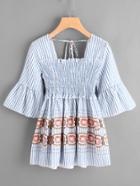 Romwe Fluted Sleeve Pinstripe Self Tie Back Shirred Blouse