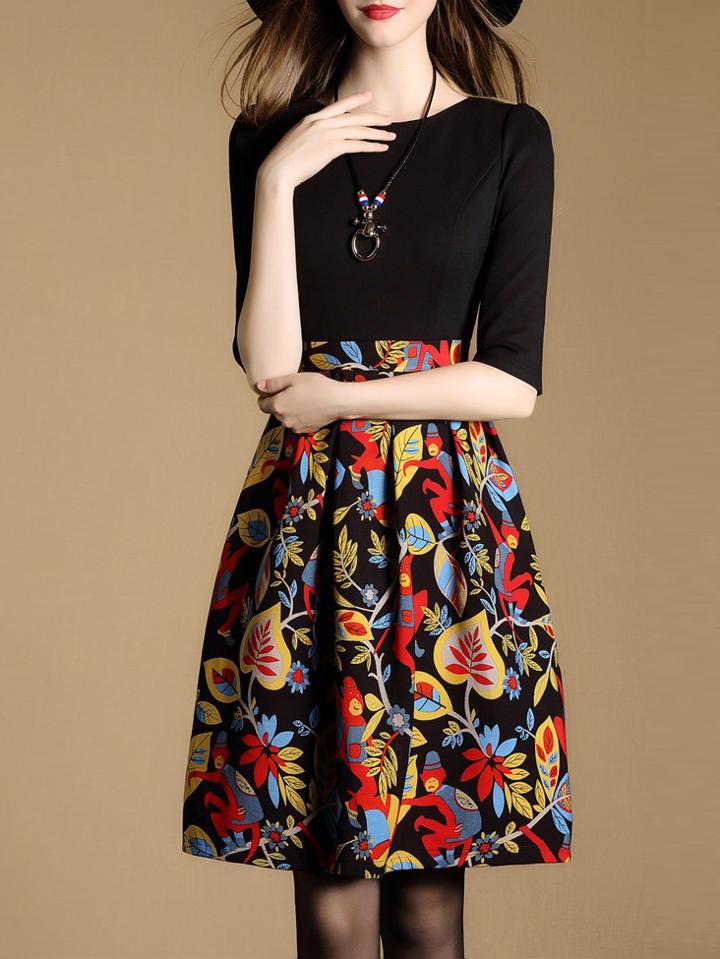 Romwe Black Crew Neck Leaves Print A-line Dress