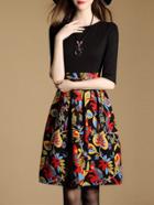 Romwe Black Crew Neck Leaves Print A-line Dress