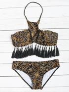 Romwe Black Printed Halter Fringe Trim Bikini Set