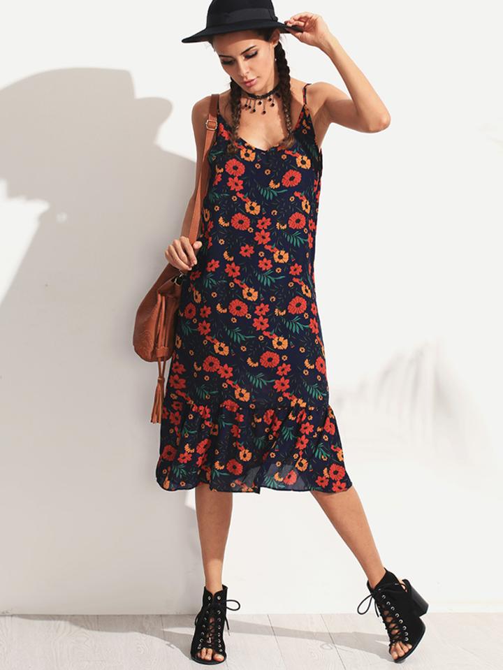 Romwe Floral Print Spaghetti Strap Ruffle Hem Beach Dress