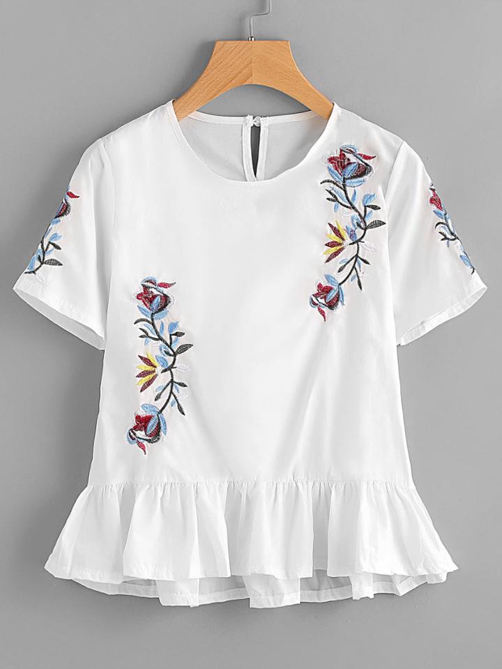 Romwe Embroidery Frill Hem Blouse