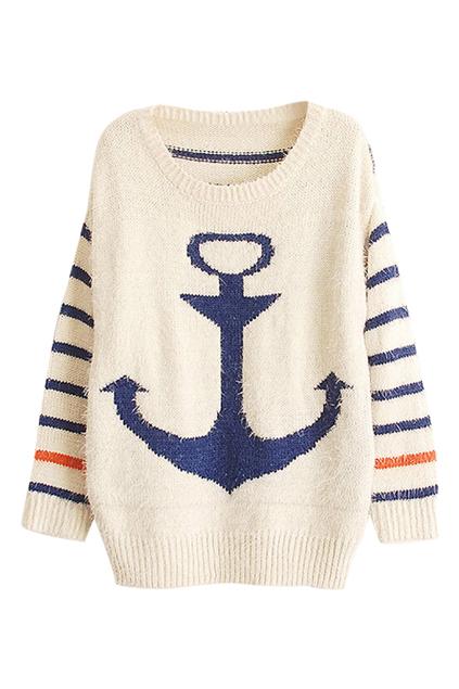 Romwe Anchor Knitted Striped Blue Jumper