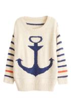 Romwe Anchor Knitted Striped Blue Jumper