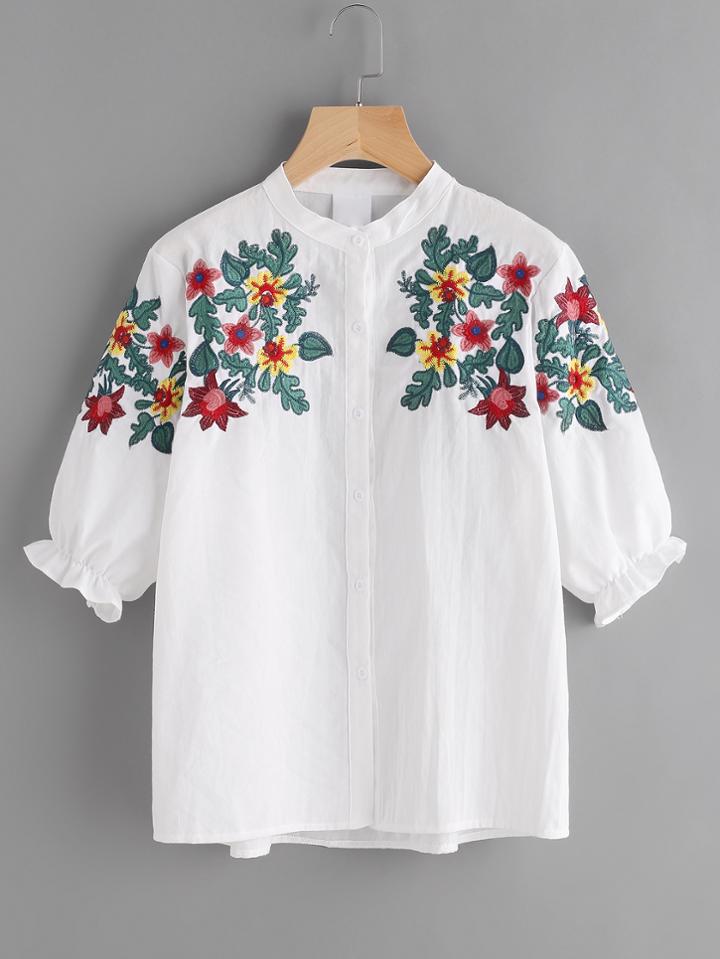 Romwe Floral Embroidered Button Front Blouse