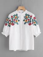 Romwe Floral Embroidered Button Front Blouse