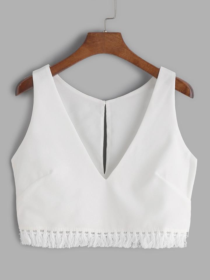 Romwe White V Neck Fringe Hem Crop Tank Top