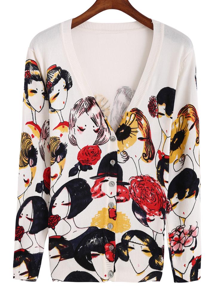 Romwe V Neck Beauty Print Knit Cardigan