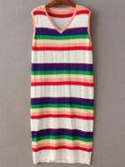 Romwe Multicolor Sleeveless V Neck Stripe Dress