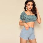 Romwe Ditsy Floral Print Square Neck Shirred Crop Top