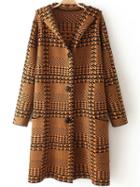 Romwe Hooded Houndstooth Khaki Coat With Pom Pom