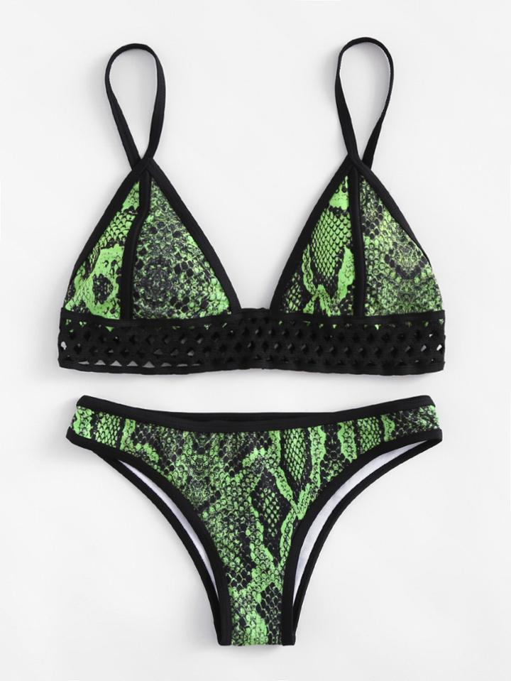 Romwe Contrast Piping Crochet Trim Bikini Set