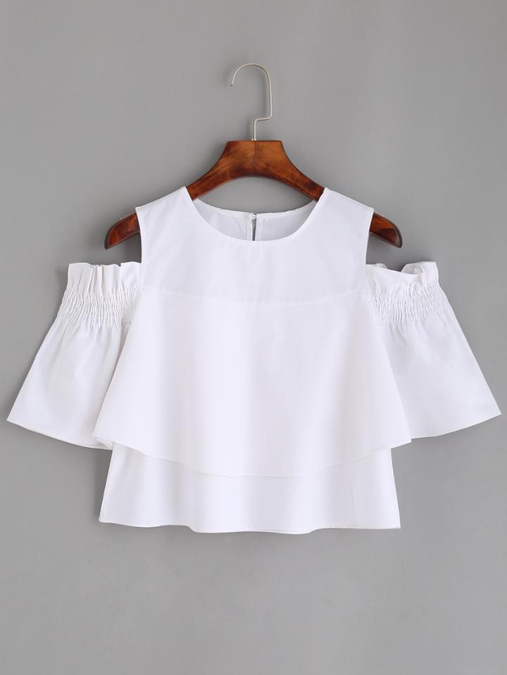 Romwe White Open Shoulder Buttoned Keyhole Blouse