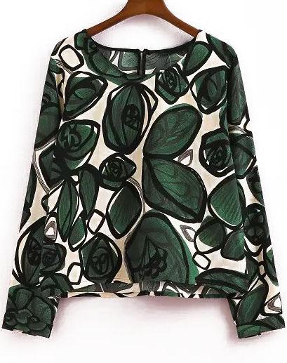 Romwe Green Long Sleeve Ikat Neat Awesome Leaves Print Crop Blouse