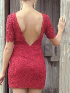 Romwe Backless Lace Bodycon Dress - Red