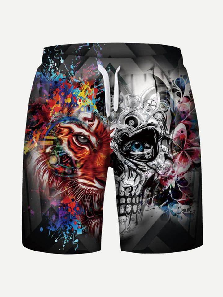 Romwe Tiger Print Drawstring Shorts