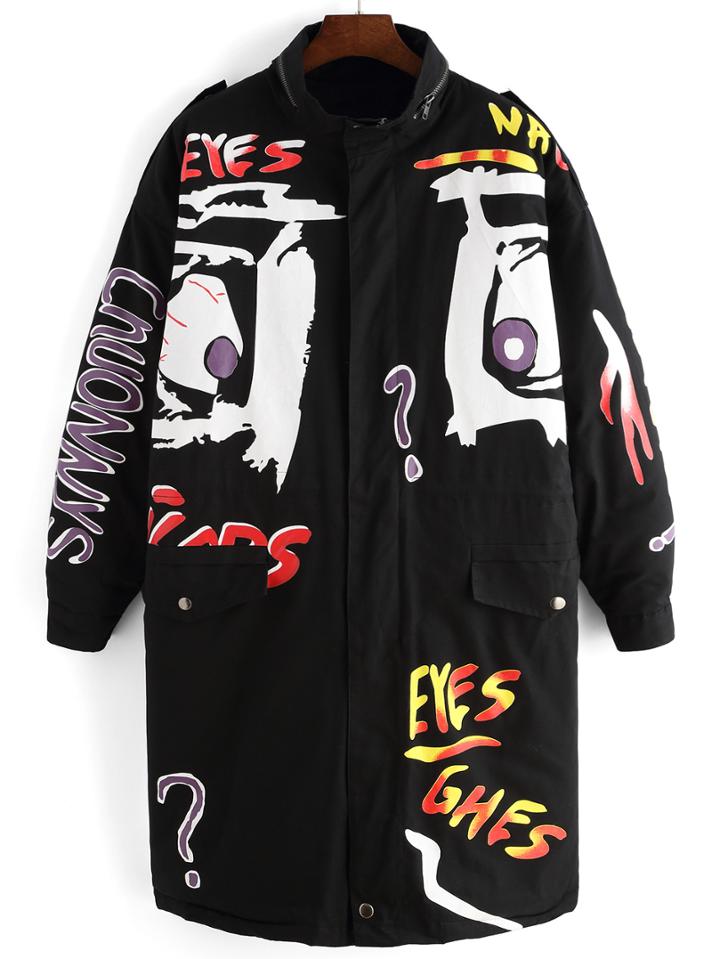 Romwe Stand Collar Graffiti Print Pockets Long Coat