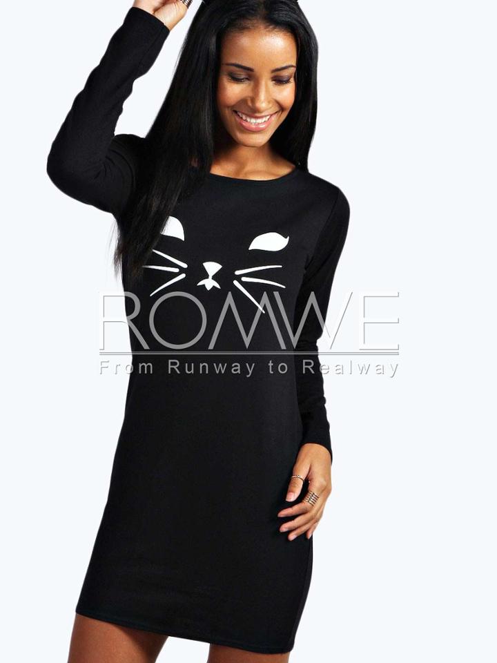 Romwe Black Long Sleeve Pattern Print Bodycon Dress