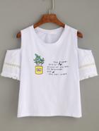 Romwe White Open Shoulder Fringe Crochet Print T-shirt
