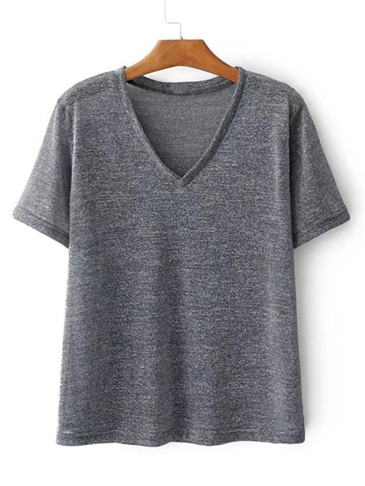 Romwe V Cut Sparkle Detail Tee
