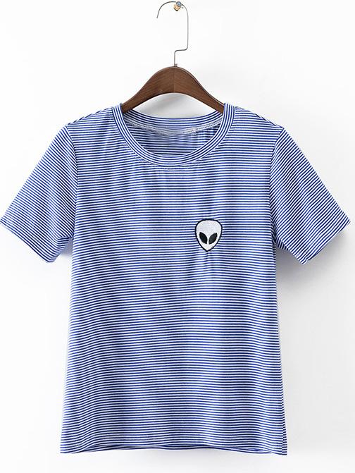 Romwe Blue Short Sleeve Alien Embroidery Striped T-shirt