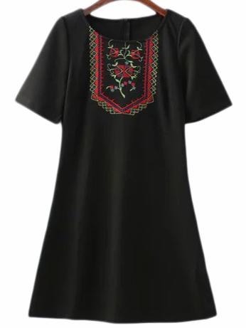 Romwe Black Short Sleeve Zipper Back Embroidery Dress