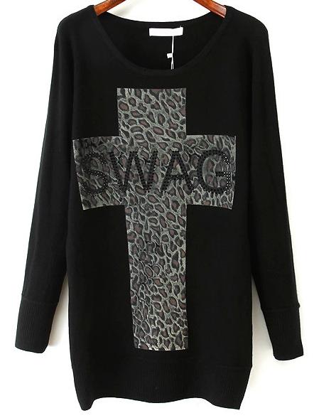 Romwe Leopard Cross Print Black Sweater