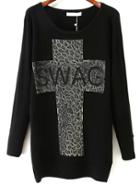 Romwe Leopard Cross Print Black Sweater