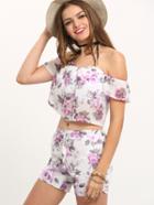 Romwe Multicolor Off The Shoulder Top With Florals Shorts