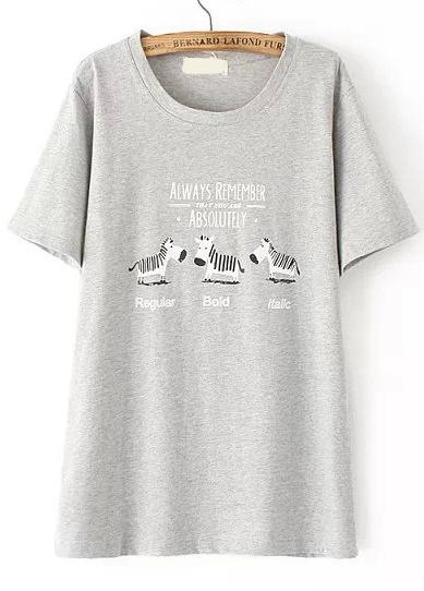 Romwe With Bead Zebra Print Grey T-shirt