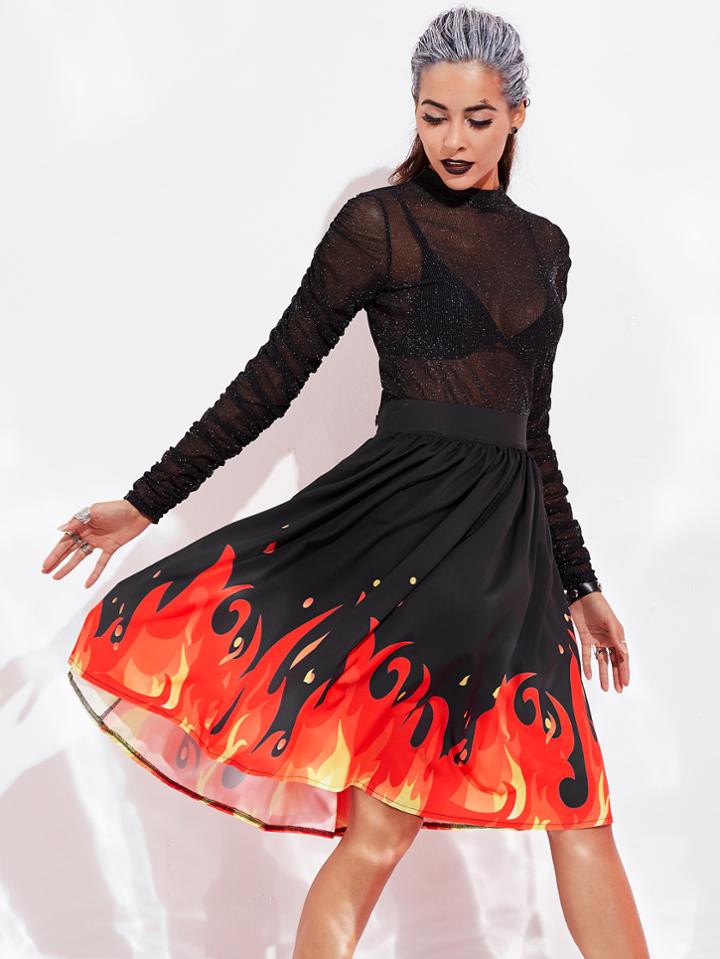 Romwe Halloween Fire Pattern Skirt