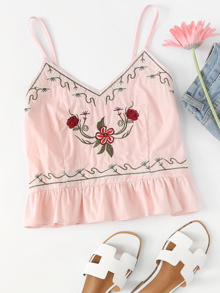 Romwe Ruffle Hem Embroidery Cami Top