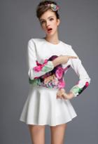 Romwe White Long Sleeve Floral Sweatshirt With Flare Skirt