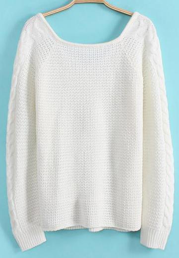 Romwe V Neck Loose Knit White Sweater