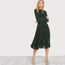 Romwe Button Keyhole Mock-neck Glitter Flowy Dress