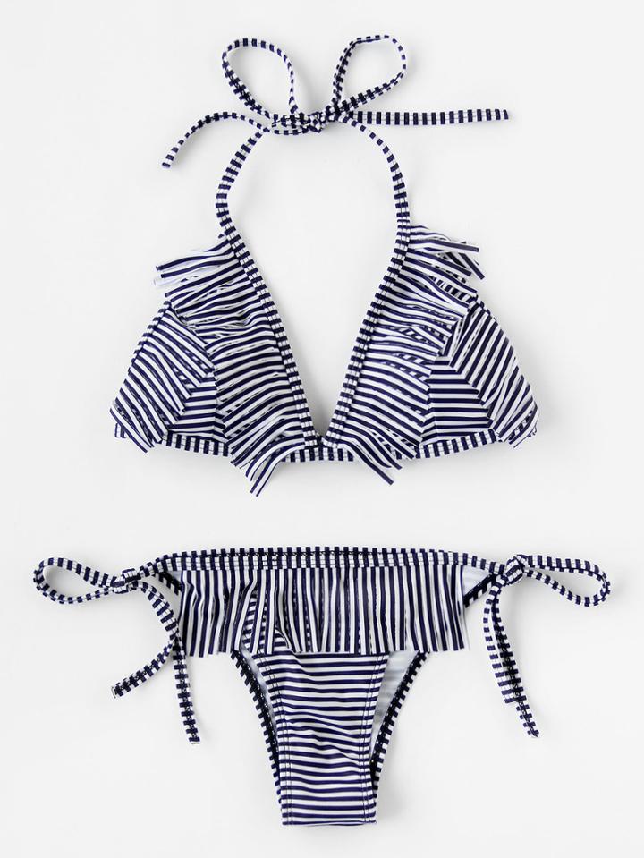 Romwe Pinstriped Print Fringe Detail Side Tie Bikini Set
