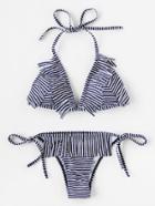 Romwe Pinstriped Print Fringe Detail Side Tie Bikini Set