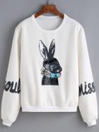 Romwe Round Neck Rabbit Print White Sweatshirt