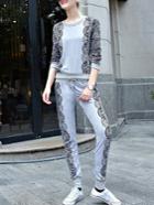 Romwe Long Sleeve Contrast Lace Top With Drawstring Grey Pant