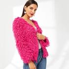 Romwe Neon Pink Loop Knit Open Front Cardigan