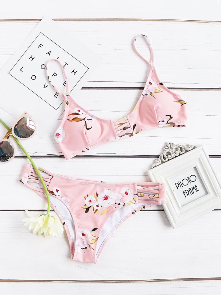 Romwe Floral Print Crisscross Detail Bikini Set