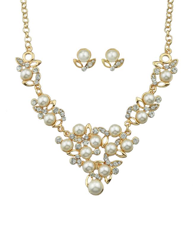 Romwe White Imitation Pearl Flower Necklace Earrings Wedding Jewelry Set
