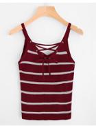 Romwe Striped Eyelet Lace Up Ribbed Cami Top