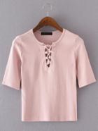 Romwe Pink Lace Up Slim T-shirt