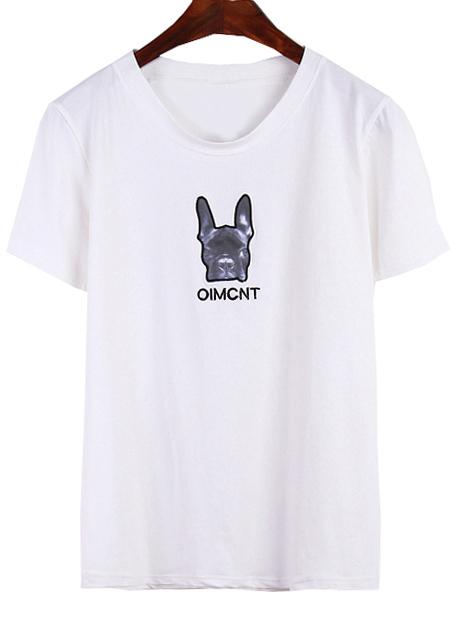 Romwe Dog Pattern Embroidered White T-shirt