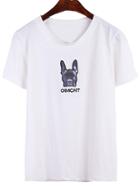 Romwe Dog Pattern Embroidered White T-shirt
