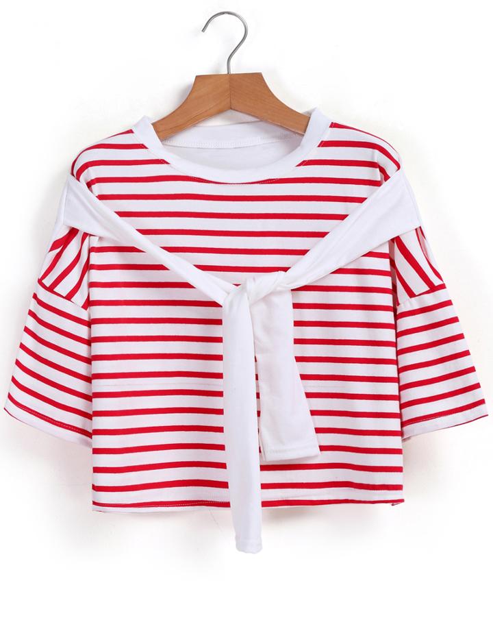 Romwe Striped Crop Red T-shirt