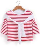 Romwe Striped Crop Red T-shirt