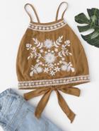 Romwe Knot Back Embroidered Cami Top