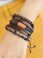 Romwe 3pcs/set Coffee Pu Leather Colorful Braided Wrap Bracelets